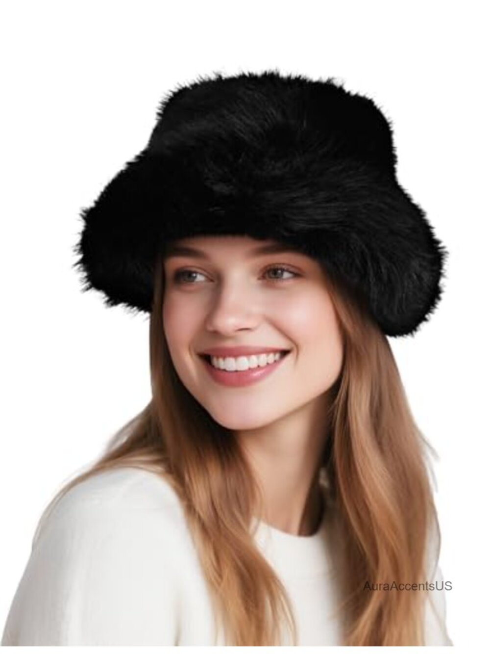 Faux Fur Wide Brim Bucket Hat Winter Warm Plush Fisherman Cap
